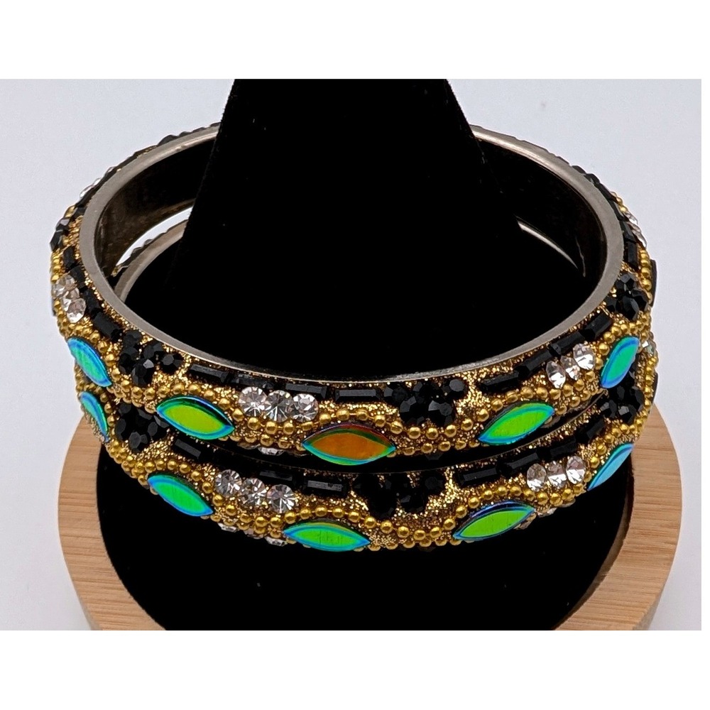Black Gold Iridescent Green Beaded Bangle Bracelet Set of‎ 2 Bohemian Jewelry